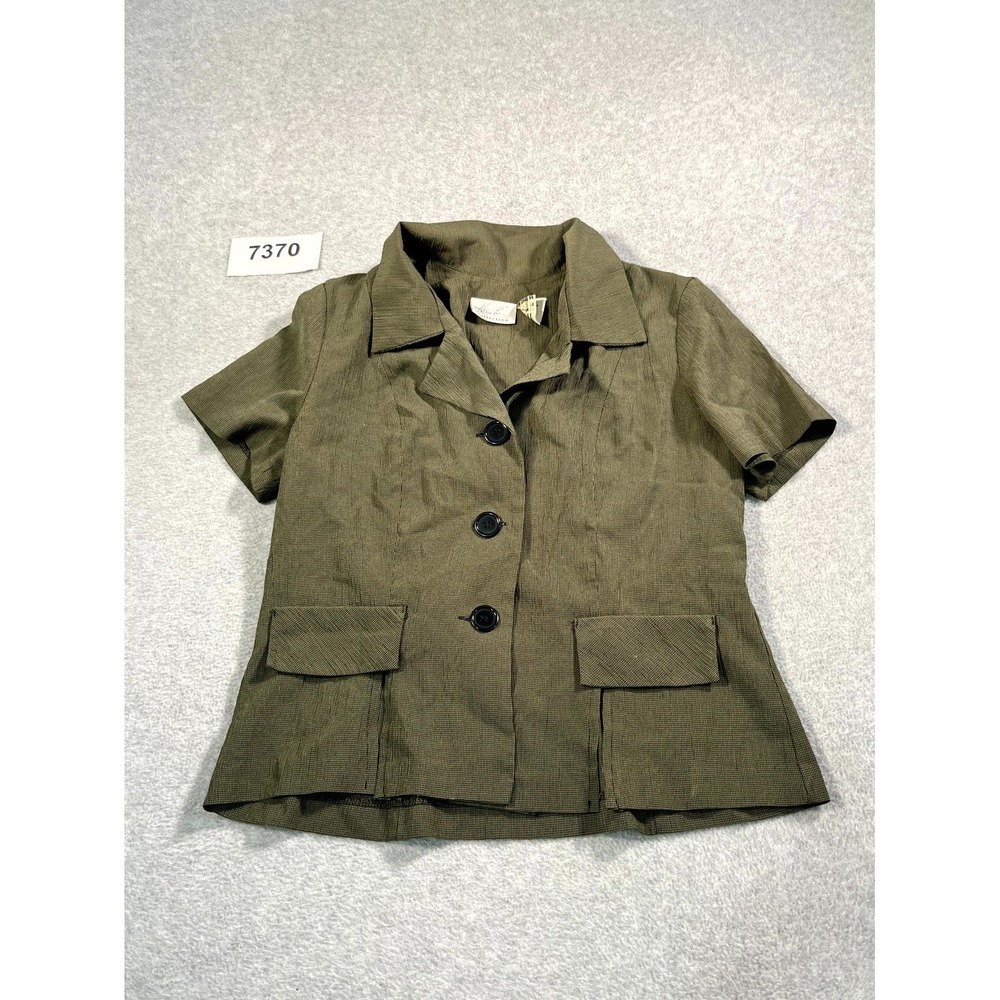 Kathie Lee Blazer Top Women 12 Green Black Houndstooth Notch Collar Button Front